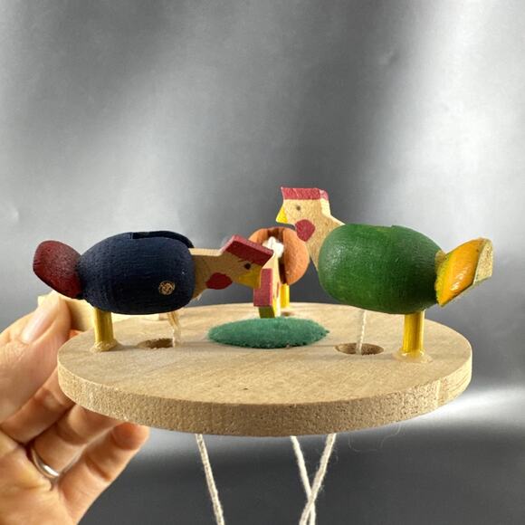 Vintage Colorful Pecking Chickens Hens Paddle Toy Wood Folk Art - Picture 2 of 9